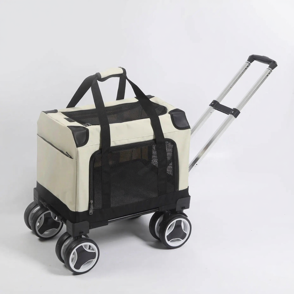 Expandable Rolling Pet Stroller with Wheels - Image 10|||PROMPT|||Cleaned image. Original analysis: Found 1 brand name/logo on the product - a small white label/patch visible on the top center of the cream-colored carrier bag