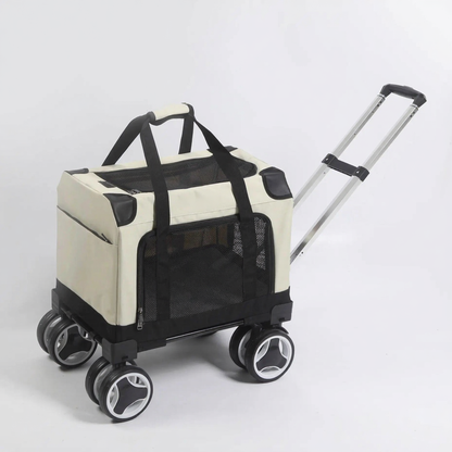 Expandable Rolling Pet Stroller with Wheels - Image 10|||PROMPT|||Cleaned image. Original analysis: Found 1 brand name/logo on the product - a small white label/patch visible on the top center of the cream-colored carrier bag