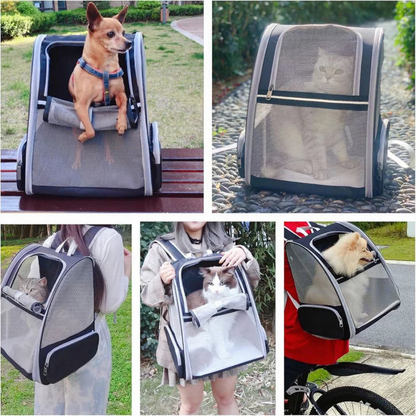 Foldable Travel Pet Carrier Backpack - Image 6|||PROMPT|||Cleaned image. Original analysis: Found brand logo/watermark on the pet carrier backpacks visible across multiple images. The yellow/gold brand badge/logo appears on the bottom right corner of the carriers in several photos.