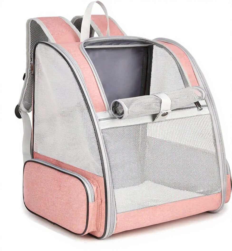 Foldable Travel Pet Carrier Backpack - Image 9|||PROMPT|||Cleaned image. Original analysis: Found 1 brand name and logo printed on the product. A rectangular label with 'texsens' brand name and logo is visible on the lower right front pocket area of the backpack.