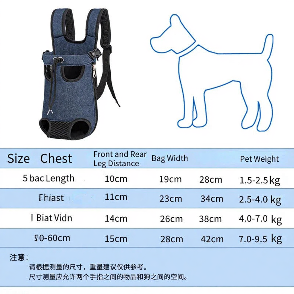 Forward-Facing Pet Carrier Backpack - Image 3|||PROMPT|||Cleaned image. Original analysis: Found watermark/logo in top left corner, brand name on product, and extensive Chinese text in sizing table and notes section