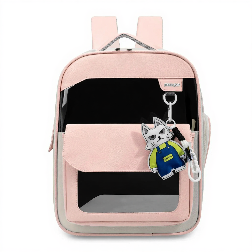 Hands-Free Adventure Pet Carrier Backpack - Image 10|||PROMPT|||Cleaned image. Original analysis: Found 2 brand names/logos: 'iPet' text label with cat icon on the front pocket, and 'iPet' branding on the keychain charm attached to the backpack