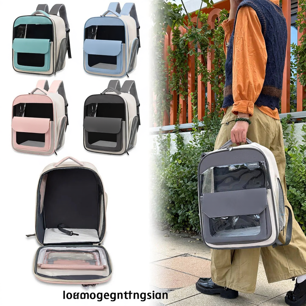 Hands-Free Adventure Pet Carrier Backpack - Image 3|||PROMPT|||Cleaned image. Original analysis: Found iPet brand logo and text on multiple backpack variants and the product packaging/labeling. The iPet branding appears on the front pocket area and on product tags/keychains attached to the backpacks.