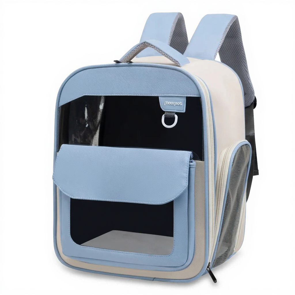 Hands-Free Adventure Pet Carrier Backpack - Image 6|||PROMPT|||Cleaned image. Original analysis: Found 2 brand names/logos printed directly on the product: 'iPet' text label with cat icon on the front pocket, and 'meoripet' text on the blue label tab at the top
