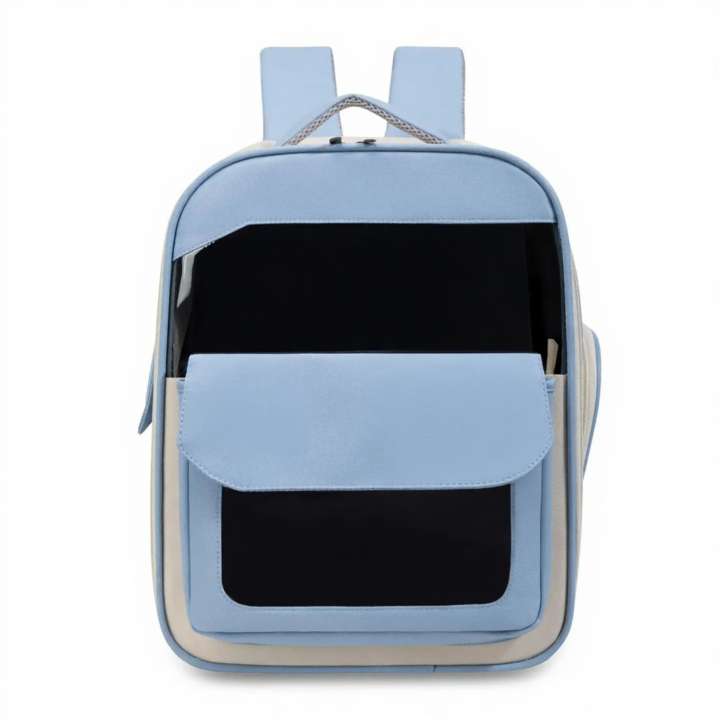 Hands-Free Adventure Pet Carrier Backpack - Image 7|||PROMPT|||Cleaned image. Original analysis: Found 3 branding elements: 'moorpet' text on the backpack tag, 'iPet' text with cat logo on the front pocket, and a cat character keychain with 'moorpet' branding attached to the backpack