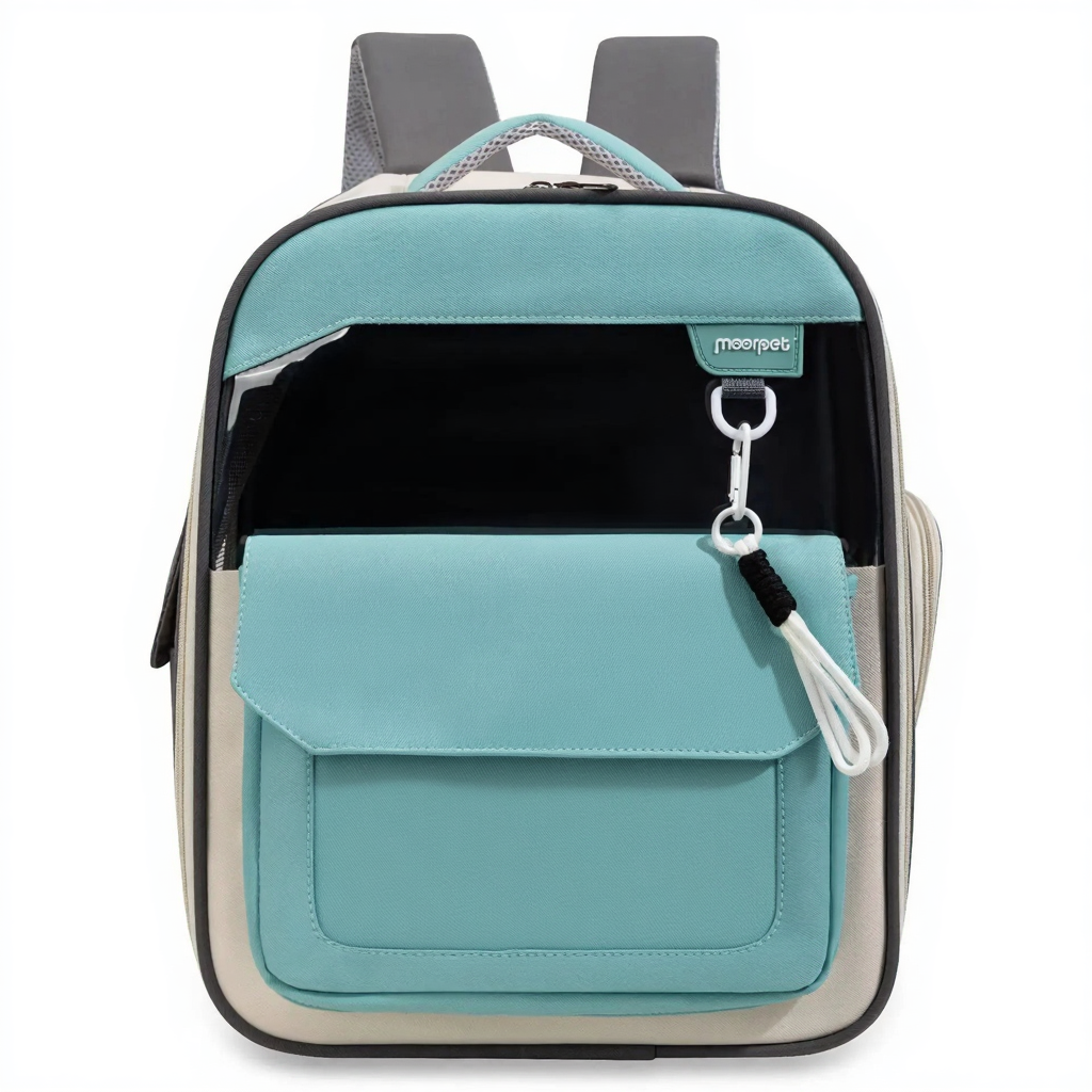 Hands-Free Adventure Pet Carrier Backpack - Image 8|||PROMPT|||Cleaned image. Original analysis: Found multiple brand names and logos printed/stitched directly on the backpack: 'moorpet' text on the backpack body, 'iPet' logo with cat icon on the front pocket, 'moorpet' label on the cat keychain charm, and various watermarks on the attached charm.
