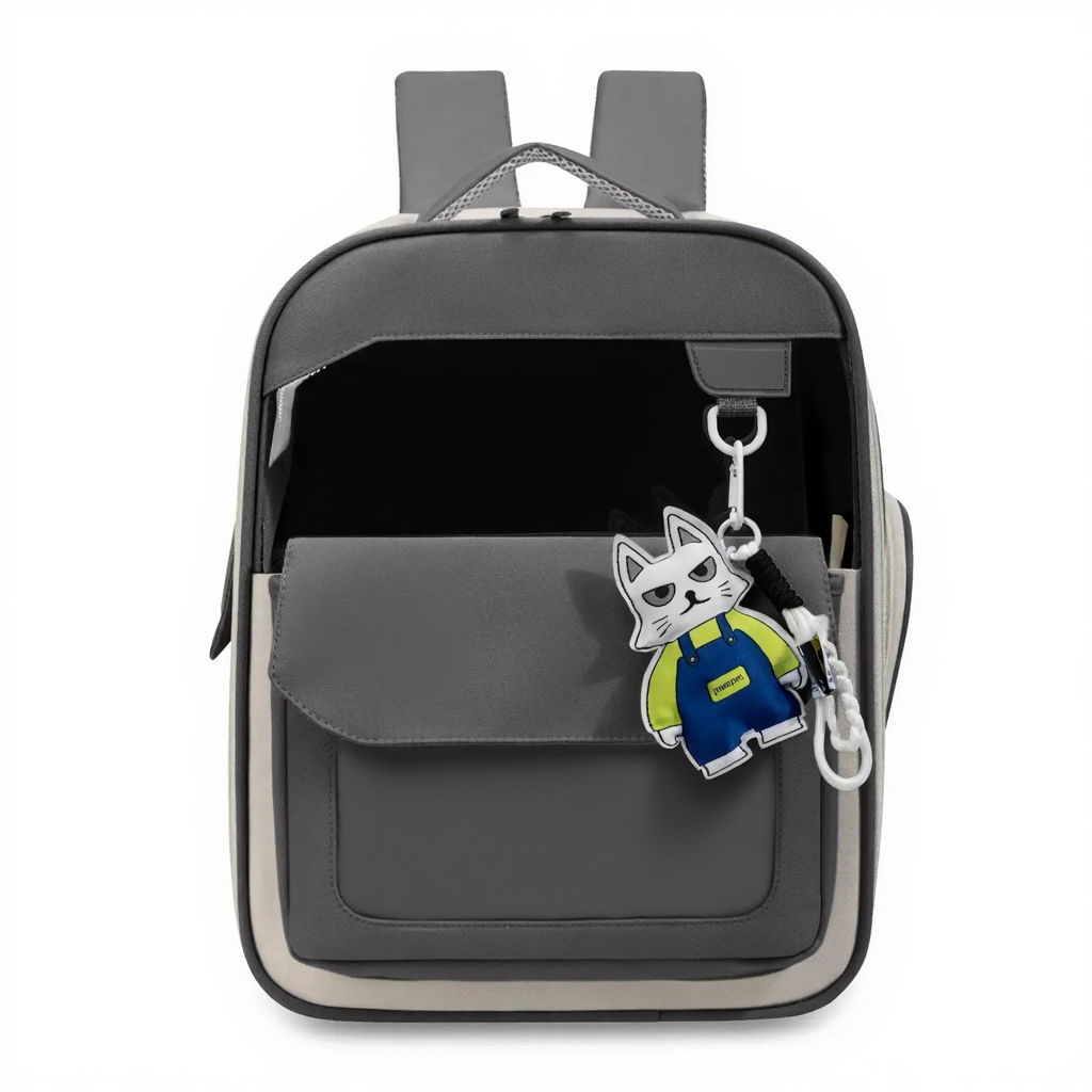 Hands-Free Adventure Pet Carrier Backpack - Image 9|||PROMPT|||Cleaned image. Original analysis: Found multiple brand names and logos: 'moripet' brand label on the backpack, 'iPet' text with logo on the front pocket, and a cat character keychain with 'moripet' branding
