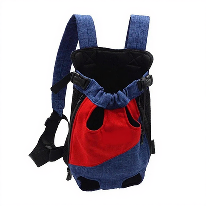 Hands-Free Canvas Pet Backpack Carrier - Image 10|||PROMPT|||Cleaned image. Original analysis: found 1 brand name/logo on the product - a tan/brown leather patch label visible on the red front panel of the pet backpack carrier