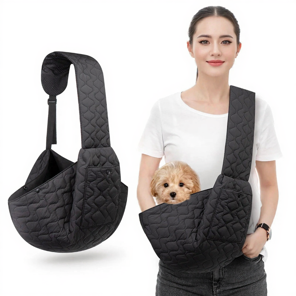 Hands-Free Dog Carrier Chest Sling - Image 5|||PROMPT|||Cleaned image. Original analysis: Found 2 brand name labels/patches on the pet carrier product itself