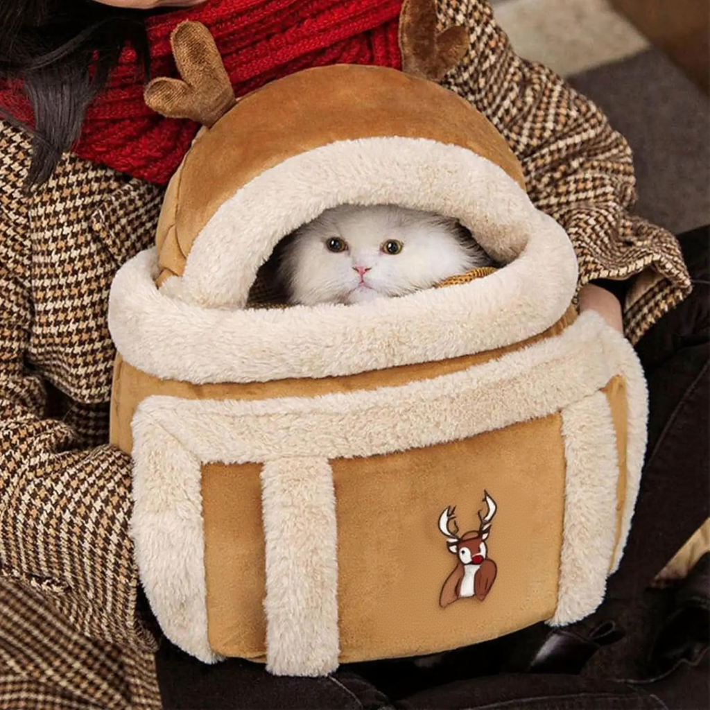 Reindeer Winter Cat Carrier Bed - Image 3|||PROMPT|||Cleaned image. Original analysis: found 1 text overlay on the product itself - 'You're on the way' printed on the tan/brown carrier bag