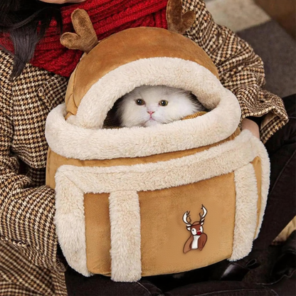 Reindeer Winter Cat Carrier Bed - Image 3|||PROMPT|||Cleaned image. Original analysis: found 1 text overlay on the product itself - 'You're on the way' printed on the tan/brown carrier bag