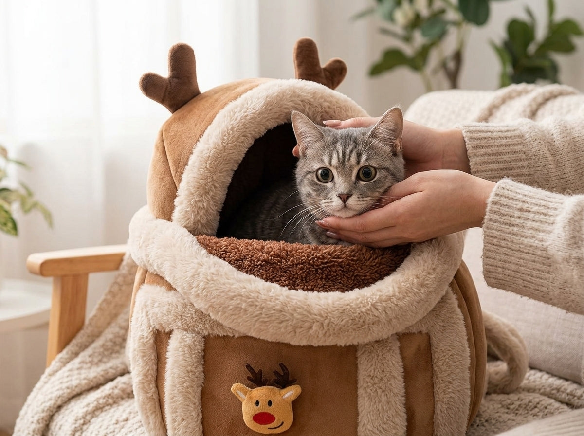 Reindeer Winter Cat Carrier Bed - Designed for Anxious Travelers