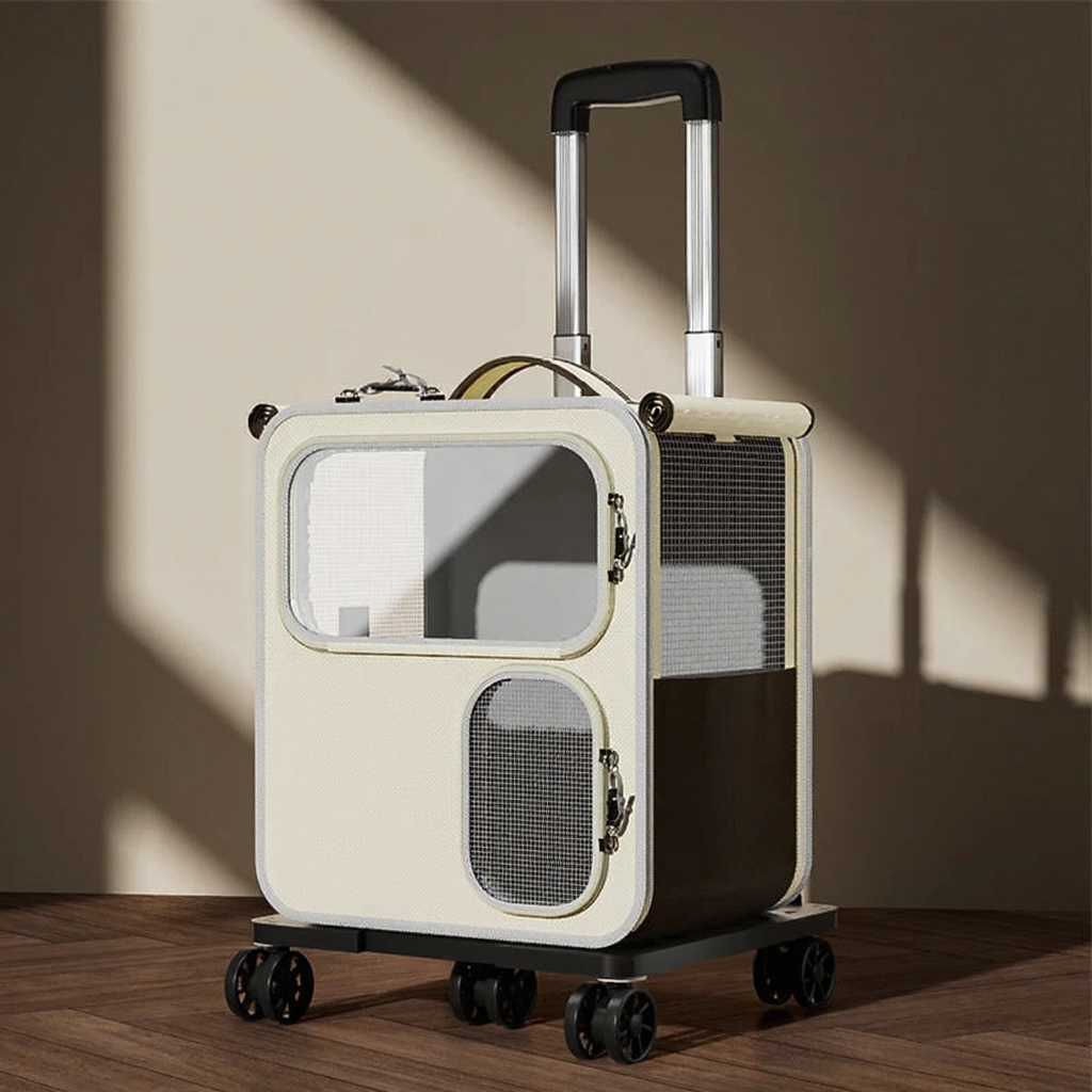 Rolling Pet Travel Trolley with Wheels - Image 10|||PROMPT|||Cleaned image. Original analysis: found 1 brand name printed on the product itself - 'Hoopet' visible on the brown/tan patch on the front of the pet carrier