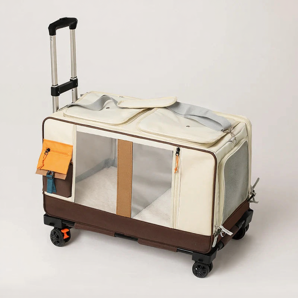 Rolling Pet Travel Trolley with Wheels - Image 8|||PROMPT|||Cleaned image. Original analysis: Found Chinese text (product name and description) and English brand name overlay. Chinese characters must be removed per requirements for Western market.