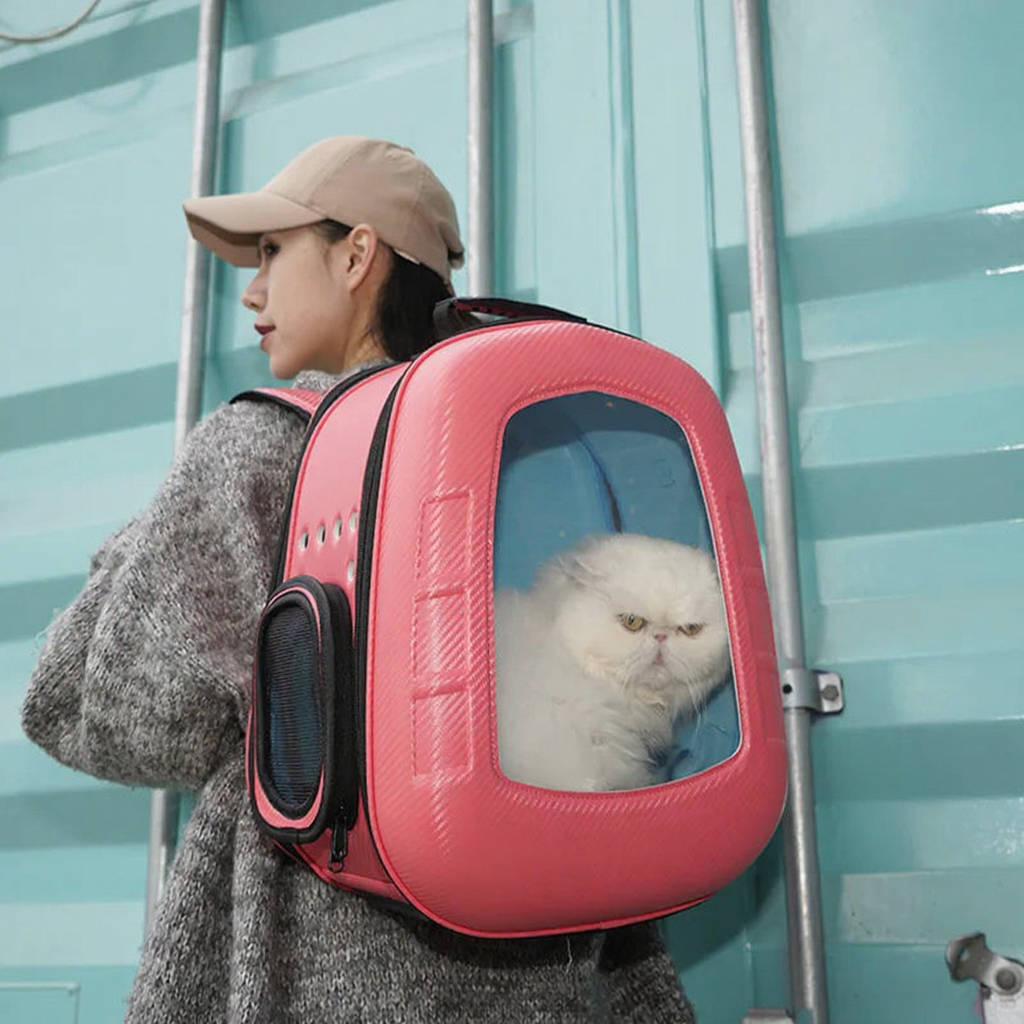 Space Bubble Window Cat Carrier Backpack - Image 1|||PROMPT|||Cleaned image. Original analysis: Found 1 brand name on the cap/hat worn by the person