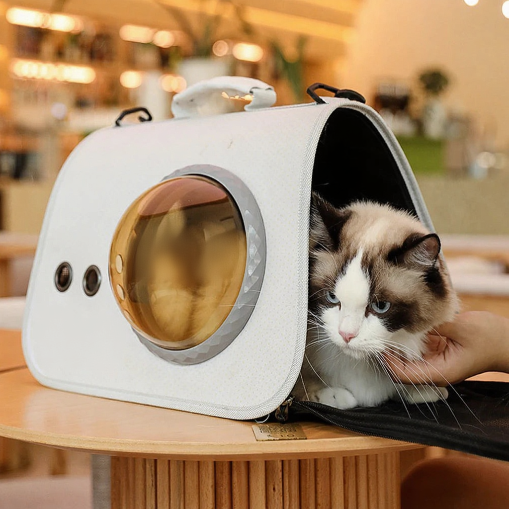 Space Capsule Pet Backpack Carrier - Image 4|||PROMPT|||Cleaned image. Original analysis: found 1 brand name/watermark on the pet carrier backpack itself