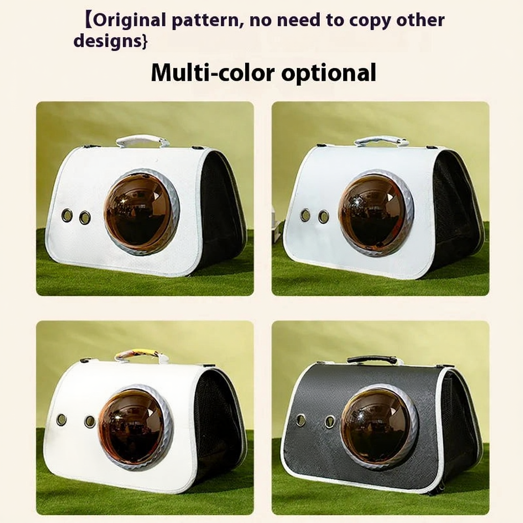 Space Capsule Pet Backpack Carrier - Image 5|||PROMPT|||Cleaned image. Original analysis: Found brand name 'moehn' printed on multiple pet carrier backpacks in the image
