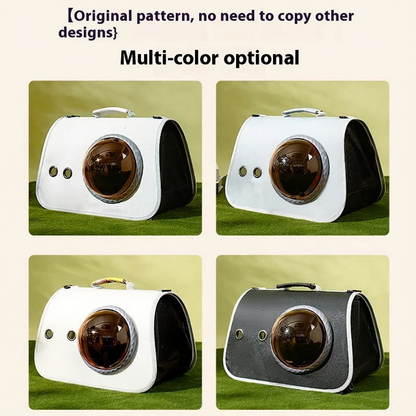 Space Capsule Pet Backpack Carrier - Image 5|||PROMPT|||Cleaned image. Original analysis: Found brand name 'moehn' printed on multiple pet carrier backpacks in the image