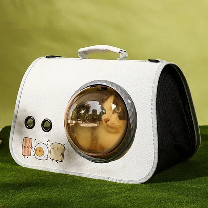 Space Capsule Pet Backpack Carrier - Image 6|||PROMPT|||Cleaned image. Original analysis: Found product name 'Yolk Pie' at top left and descriptive text overlay at top right. The product itself (pet carrier) features illustrated cartoon characters on the front panel. All text is in English and describes the product features rather than being brand names.