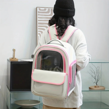 Space Capsule Transparent Pet Travel Backpack - Image 5|||PROMPT|||Cleaned image. Original analysis: Found 1 watermark (KEMORELA brand name) in top left corner and 1 small brand label on the backpack flap