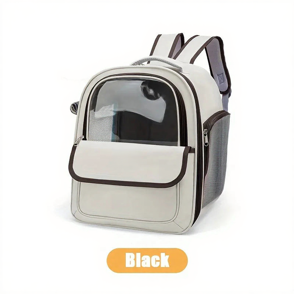 Space Capsule Transparent Pet Travel Backpack - Image 9|||PROMPT|||Cleaned image. Original analysis: Found brand name 'KEMORELA' at top left, brand logo/name on the product itself (small black label on the front flap), and color label 'Black' at bottom