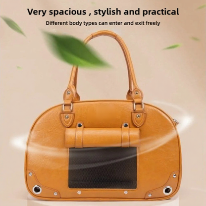 Stylish Travel Pet Carrier Bag - Image 2|||PROMPT|||Cleaned image. Original analysis: Found 1 brand name embossed on the product itself - a rectangular nameplate/logo panel on the front center of the bag above the black mesh pocket area